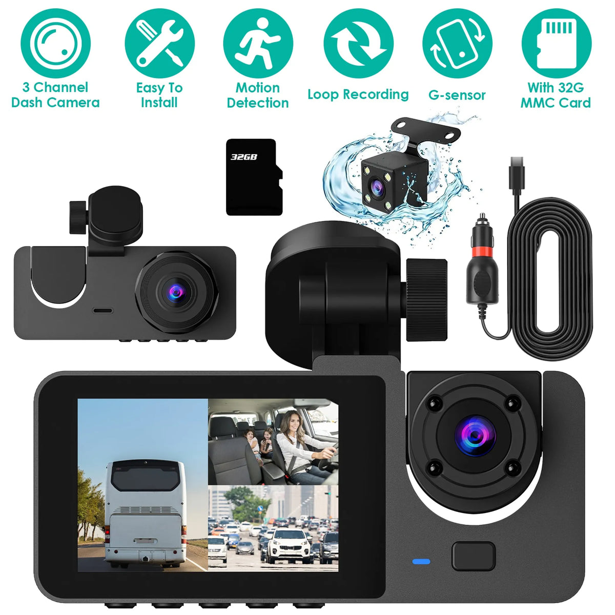 3 Channel Dash Cam Front Inside Rear